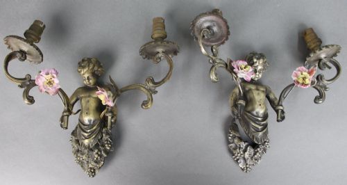 PAIR OF ANTIQUE FRENCH CHERUB WALL SCONCES WITH PORCELAIN FLOWERS