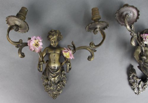 PAIR OF ANTIQUE FRENCH CHERUB WALL SCONCES WITH PORCELAIN FLOWERS - ADDITIONAL PHOTO 1