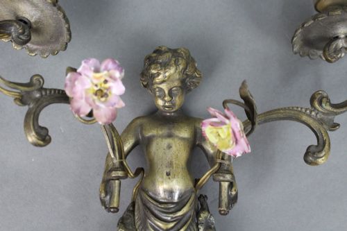 PAIR OF ANTIQUE FRENCH CHERUB WALL SCONCES WITH PORCELAIN FLOWERS - ADDITIONAL PHOTO 2
