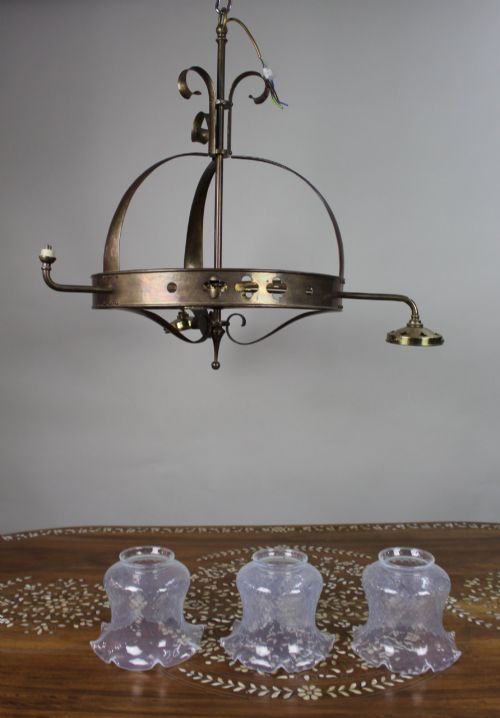 ANTIQUE GOTHIC REVIVAL BRASS THREELIGHT GASOLIER WITH OPALESCENT GLASS SHADES