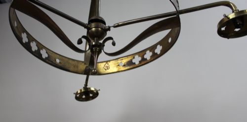 ANTIQUE GOTHIC REVIVAL BRASS THREELIGHT GASOLIER WITH OPALESCENT GLASS SHADES - ADDITIONAL PHOTO 3