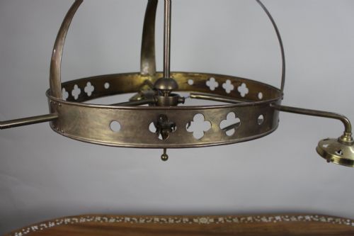 ANTIQUE GOTHIC REVIVAL BRASS THREELIGHT GASOLIER WITH OPALESCENT GLASS SHADES - ADDITIONAL PHOTO 4