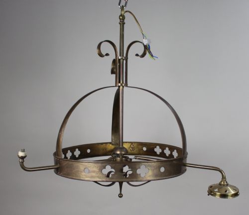 ANTIQUE GOTHIC REVIVAL BRASS THREELIGHT GASOLIER WITH OPALESCENT GLASS SHADES - ADDITIONAL PHOTO 5