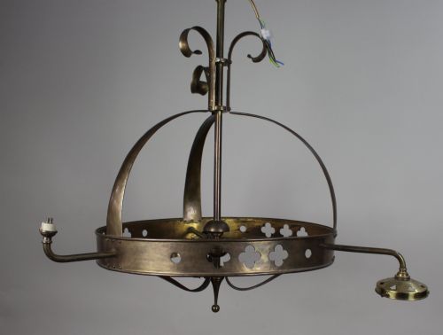ANTIQUE GOTHIC REVIVAL BRASS THREELIGHT GASOLIER WITH OPALESCENT GLASS SHADES - ADDITIONAL PHOTO 6