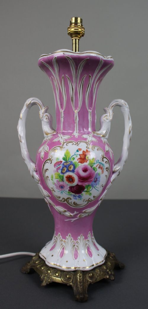 ANTIQUE HAND PAINTED PINK GROUND PORCELAIN TABLE LAMP C1890