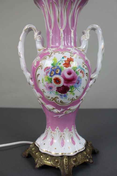 ANTIQUE HAND PAINTED PINK GROUND PORCELAIN TABLE LAMP C1890 - ADDITIONAL PHOTO 1