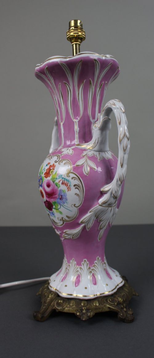 ANTIQUE HAND PAINTED PINK GROUND PORCELAIN TABLE LAMP C1890 - ADDITIONAL PHOTO 4