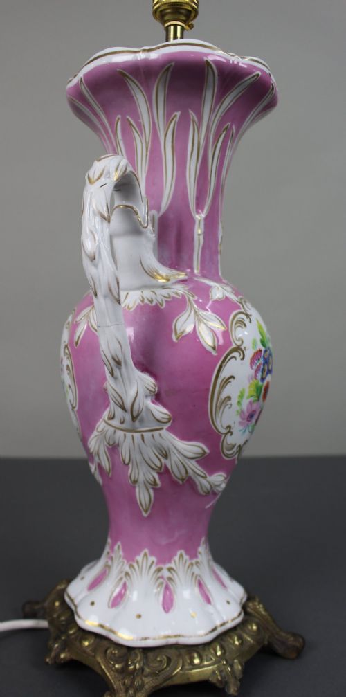 ANTIQUE HAND PAINTED PINK GROUND PORCELAIN TABLE LAMP C1890 - ADDITIONAL PHOTO 6
