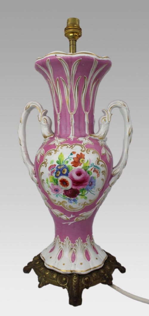ANTIQUE HAND PAINTED PINK GROUND PORCELAIN TABLE LAMP C1890 - ADDITIONAL PHOTO 9