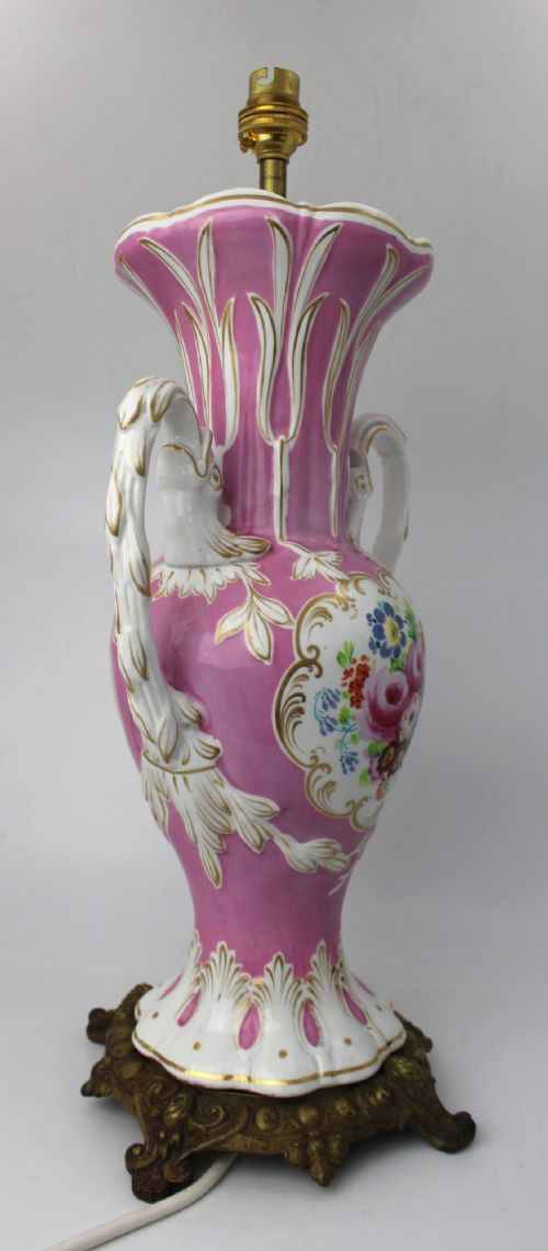 ANTIQUE HAND PAINTED PINK GROUND PORCELAIN TABLE LAMP C1890 - ADDITIONAL PHOTO 10
