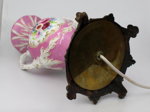 ANTIQUE HAND PAINTED PINK GROUND PORCELAIN TABLE LAMP C1890 - ADDITIONAL PHOTO 13
