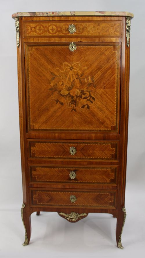 19TH CENTURY FRENCH LOUIS XV STYLE MARQUETRY ESCRITOIRE WITH ORIGINAL MARBLE TOP - ADDITIONAL PHOTO 1