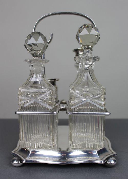 ANTIQUE SILVER PLATED CUT GLASS CRUET SET