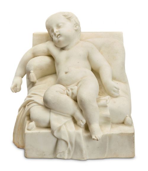 19TH CENTURY ITALIAN CARRARA MARBLE SCULPTURE OF SLEEPING PUTTO