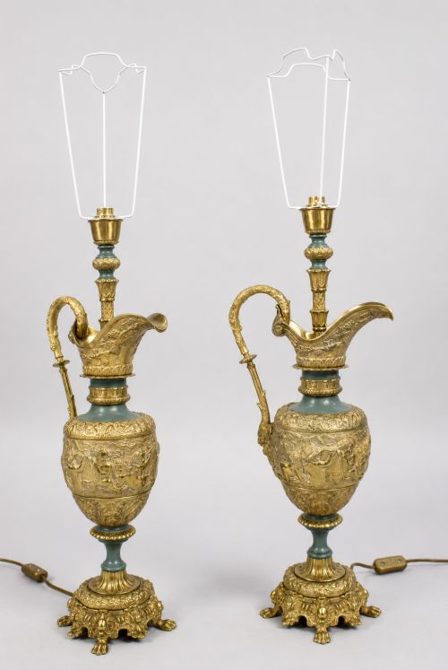 FINE PAIR OF LATE 19TH CENTURY GILT METAL EWER FORM TABLE LAMPS C1890