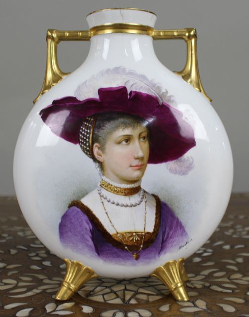 HANDPAINTED GILDED PORCELAIN MOON FLASK VASE SIGNED BASTON C1890