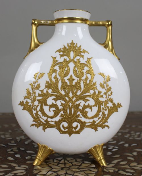 HANDPAINTED GILDED PORCELAIN MOON FLASK VASE SIGNED BASTON C1890 - ADDITIONAL PHOTO 5