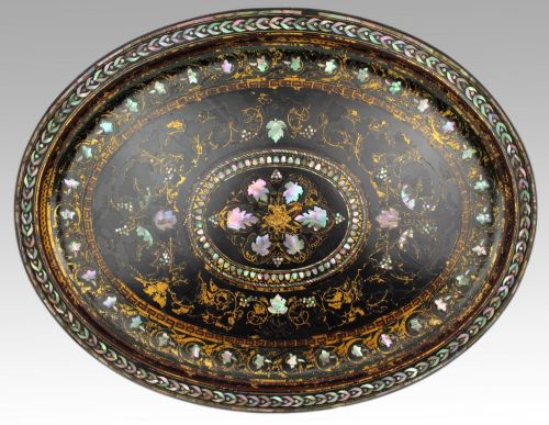 VICTORIAN PAPIERMCH AND MOTHEROFPEARL INLAID TRAY BY BENETFINK CO LONDON
