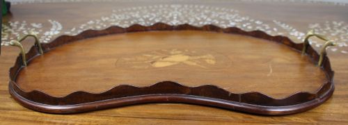 ANTIQUE INLAID WOODEN TRAY WITH BRASS HANDLES