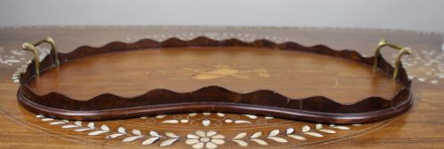 ANTIQUE INLAID WOODEN TRAY WITH BRASS HANDLES - ADDITIONAL PHOTO 1