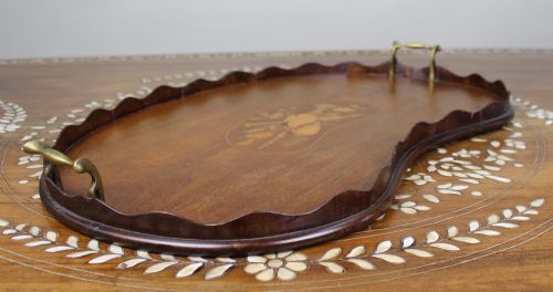 ANTIQUE INLAID WOODEN TRAY WITH BRASS HANDLES - ADDITIONAL PHOTO 2