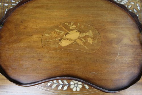 ANTIQUE INLAID WOODEN TRAY WITH BRASS HANDLES - ADDITIONAL PHOTO 6