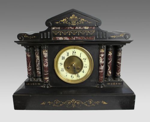 HIGH VICTORIAN BLACK MARBLE MANTEL CLOCK WITH ROUGE MARBLE COLUMNS BY F MARTI PARIS C1860