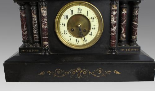HIGH VICTORIAN BLACK MARBLE MANTEL CLOCK WITH ROUGE MARBLE COLUMNS BY F MARTI PARIS C1860 - ADDITIONAL PHOTO 1