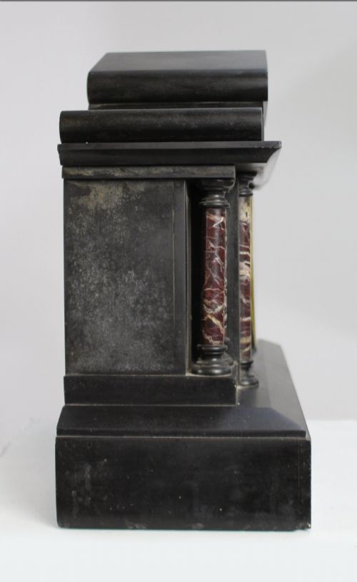 HIGH VICTORIAN BLACK MARBLE MANTEL CLOCK WITH ROUGE MARBLE COLUMNS BY F MARTI PARIS C1860 - ADDITIONAL PHOTO 5
