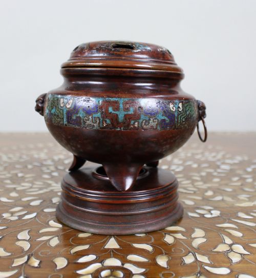 ANTIQUE CHINESE CLOISONN BRONZE TRIPOD CENSER C1890