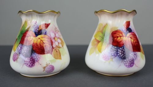 PAIR OF ROYAL WORCESTER HAND PAINTED FRUIT VASES KITTY BLAKE MMILLER
