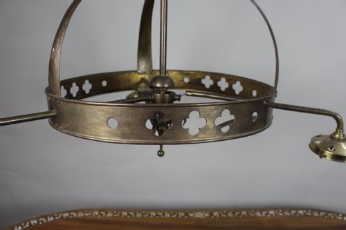 ANTIQUE GOTHIC REVIVAL BRASS THREELIGHT GASOLIER WITH OPALESCENT GLASS SHADES - ADDITIONAL PHOTO 4
