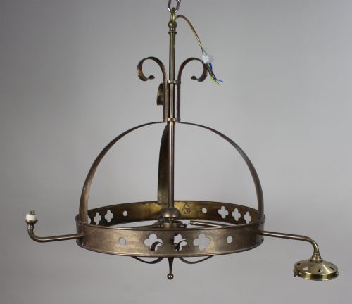 ANTIQUE GOTHIC REVIVAL BRASS THREELIGHT GASOLIER WITH OPALESCENT GLASS SHADES - ADDITIONAL PHOTO 5