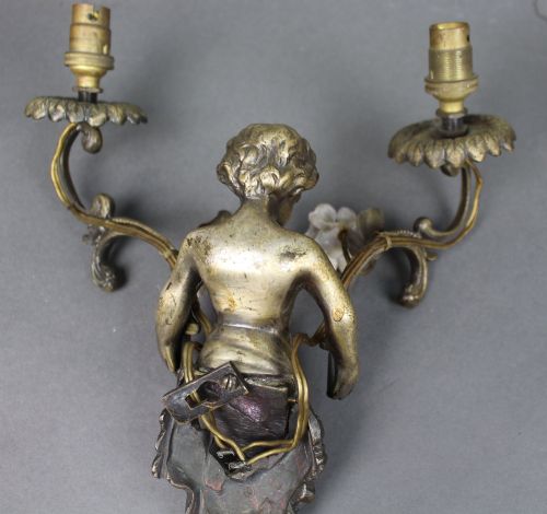 PAIR OF ANTIQUE FRENCH STYLE CHERUB WALL SCONCES WITH PORCELAIN FLOWERS - ADDITIONAL PHOTO 9