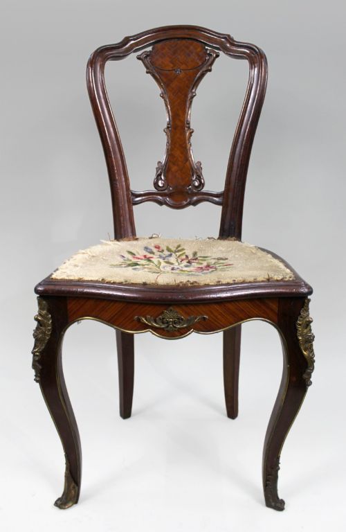 Antique French Kingwood Parquetry Side Chair with Ormolu Mounts
