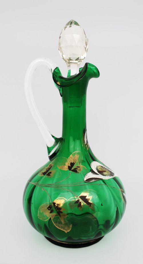 Antique Victorian Hand-painted Emerald Green Glass Claret Jug