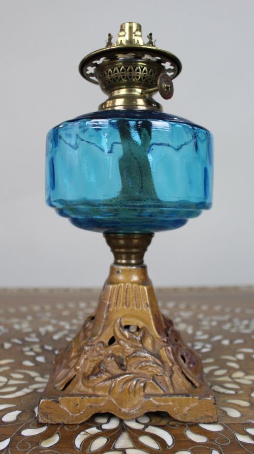 Antique Victorian Oil Lamp with Blue Glass Font