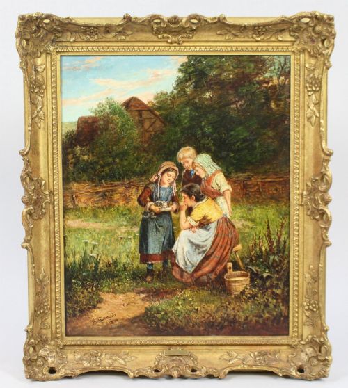Victorian Oil Painting – "Feeding the Kitten" by Mark William Langlois (British, 1848–1924)