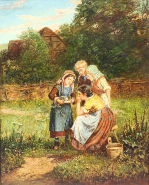 fig 1. A 19th-century Victorian oil painting depicting figures outdoors feeding a kitten, enclosed within an elaborate carved gilt frame.