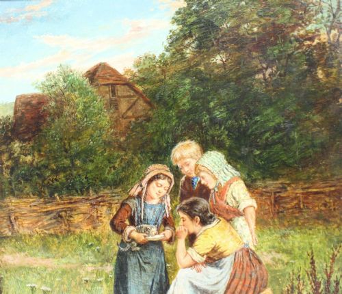 fig 2. A 19th-century Victorian oil painting depicting figures outdoors feeding a kitten, enclosed within an elaborate carved gilt frame.
