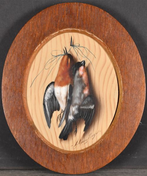 Painting Trompe L'oeil Still Life of Hanging Songbirds Michelangelo Meucci (Italian, 1840–1909)
