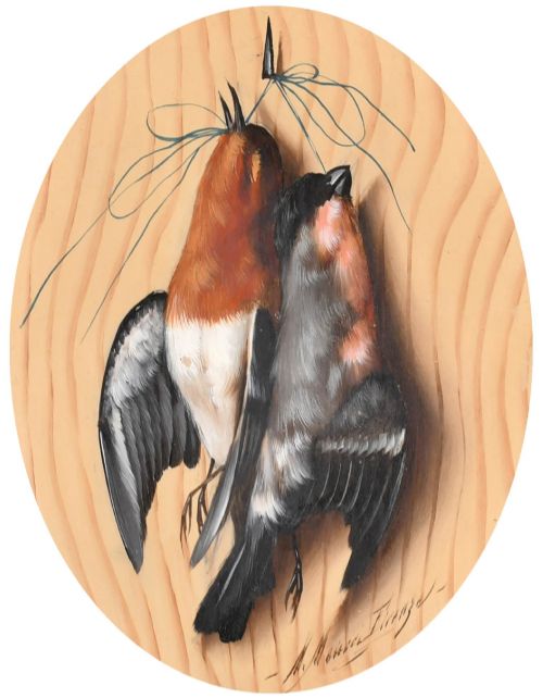 fig 1. An oval oil painting on a wood panel depicting two hanging songbirds painted in trompe loeil style inside a wide wooden frame.