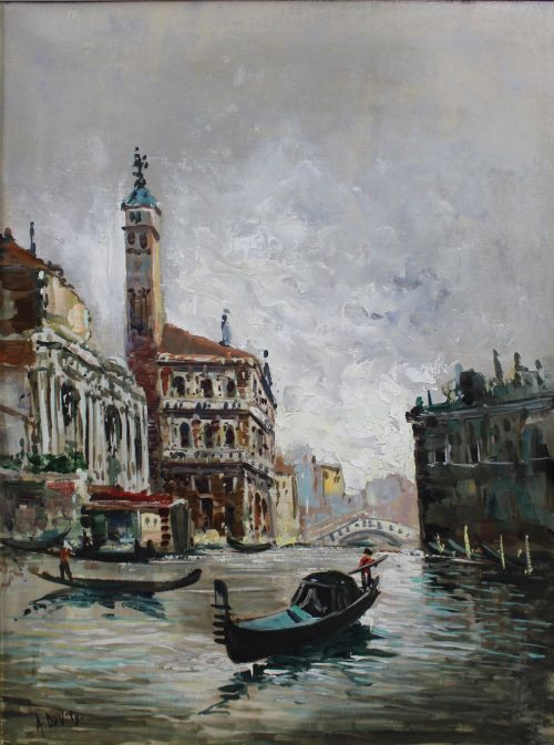 fig 1. An oil painting on canvas depicting a Venetian canal with gondolas and historic architecture, presented in a gold and black frame.
