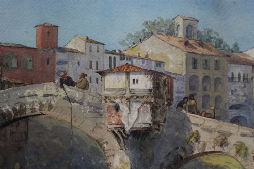 fig 1. A 19th-century framed watercolour painting depicting an Italian townscape with a stone arch bridge crossing a river beneath a pale blue sky.