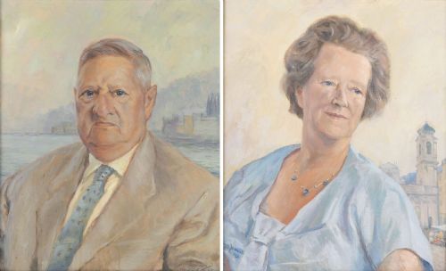 fig 1. A pair of mid-twentieth-century Italian oil portraits depicting a man and a woman, presented in matching ornate swept gilt frames.