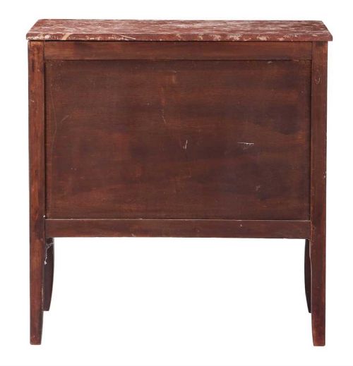 A French Louis XVI style timber commode featuring three drawers with geometric inlaid veneer, gilt-bronze ring handles, and a red variegated marble top. View XIV