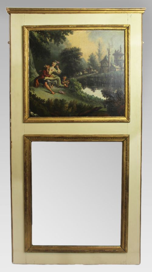 Tall French Trumeau Mirror with Pastoral Oil Painting C.1890