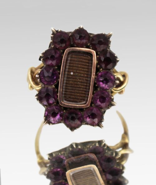 Victorian Mourning Ring with Purple Glass Stones C.1860