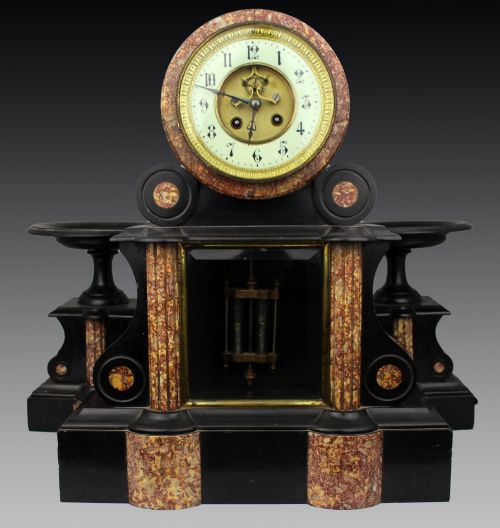 Mid-19th Century French Japy Frères Black Marble Clock Garniture Set