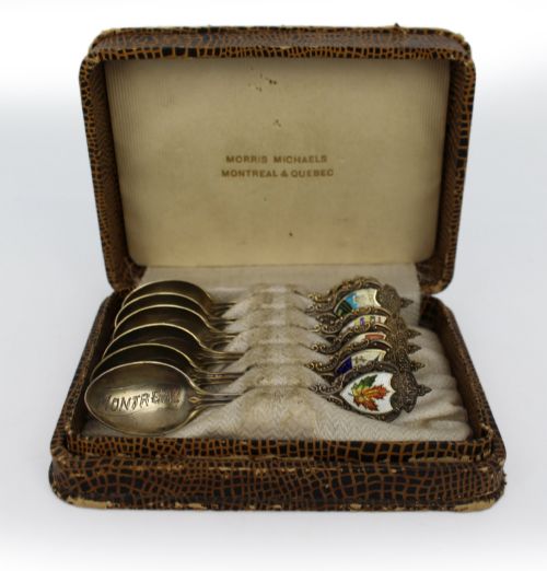 Cased Set of 6 Canadian Sterling Silver & Enamel Souvenir Spoons C.1930